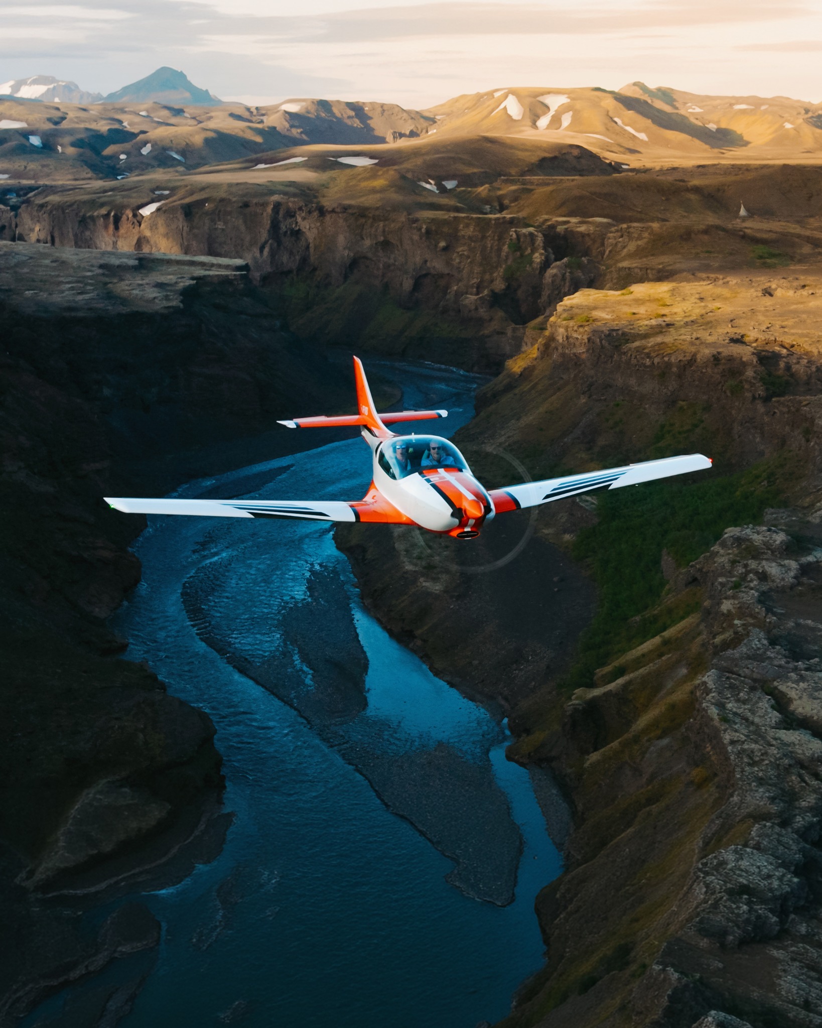 Aircraft flying over Icelandic canyon